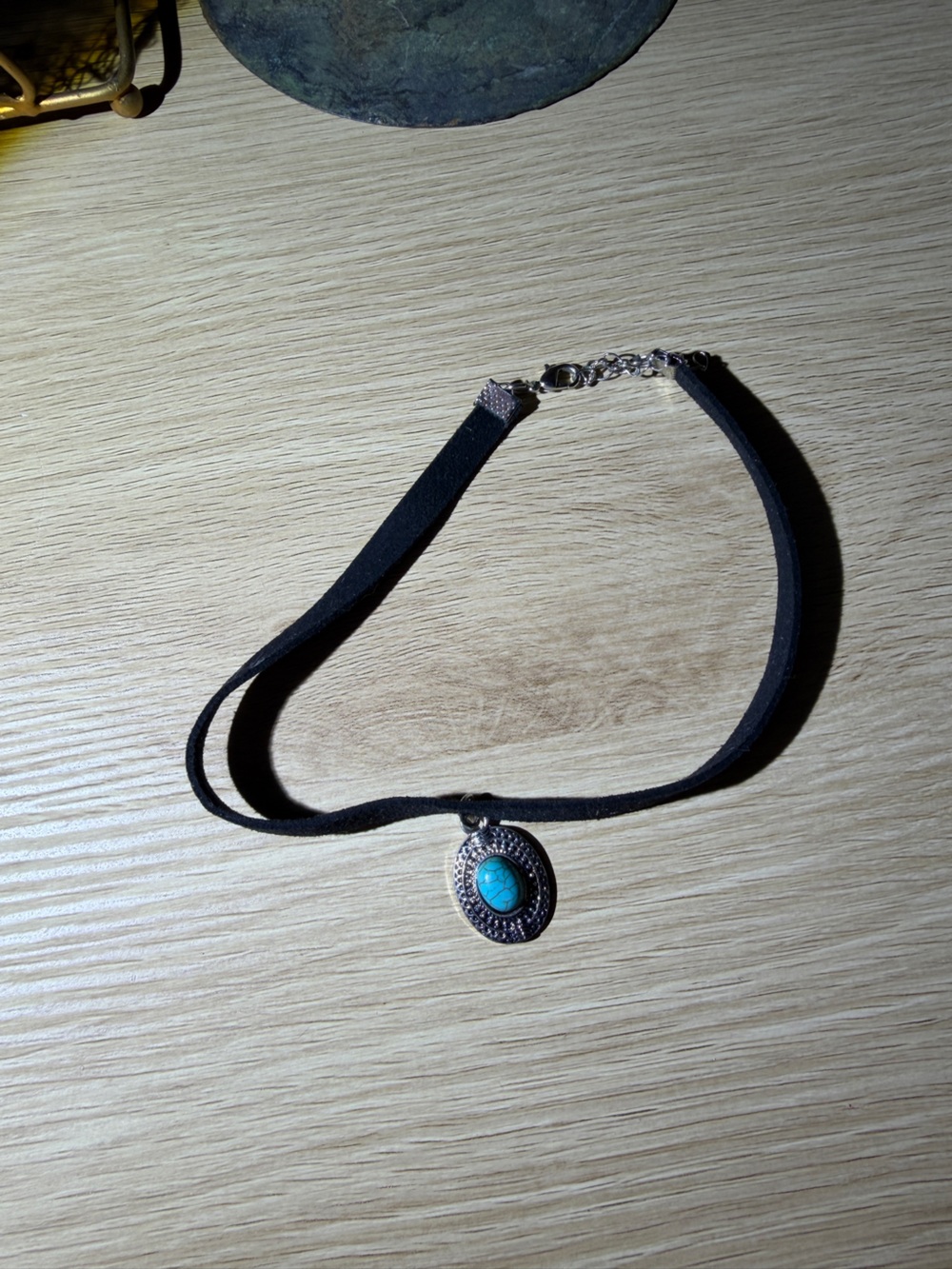Turquoise Pendant Black Suede Choker Necklace -